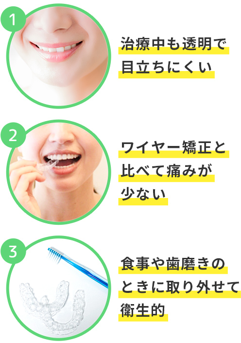 治療中も透明で目立ちにくい ワイヤー矯正と比べて痛みが少ない 食事や歯磨きのときに取り外せて衛生的